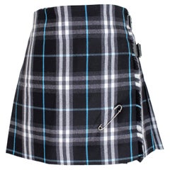 Used Burberry Black White Wool Tartan Kilt Skirt