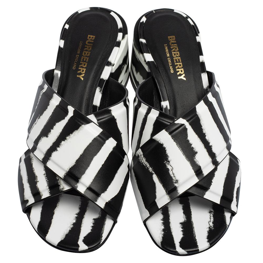 Burberry Black/White Zebra Print Leather Slide Castlebar Sandals Size 36.5  at 1stDibs
