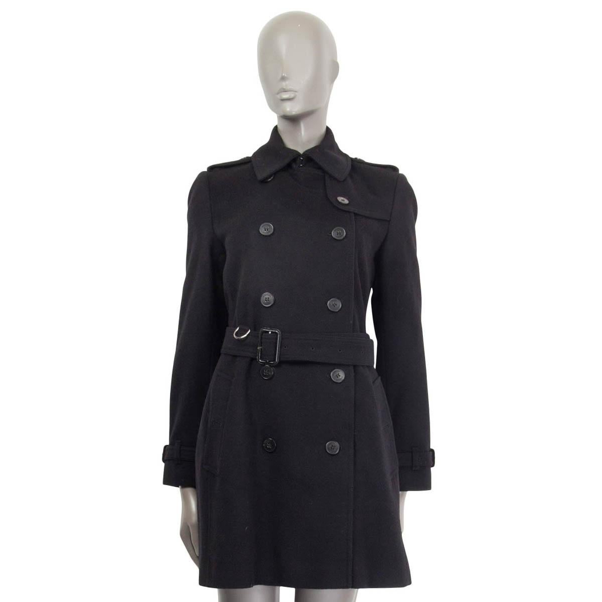 Black BURBERRY black wool & cashmere KENSINGTON BELTED TRENCH Coat Jacket 8 S