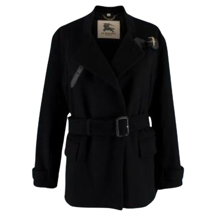 Burberry Black Wool & Cashmere Short Trench Coat with Leather Straps For Sale