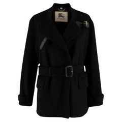 Burberry Black Wool & Cashmere Short Trench Coat with Leather Straps