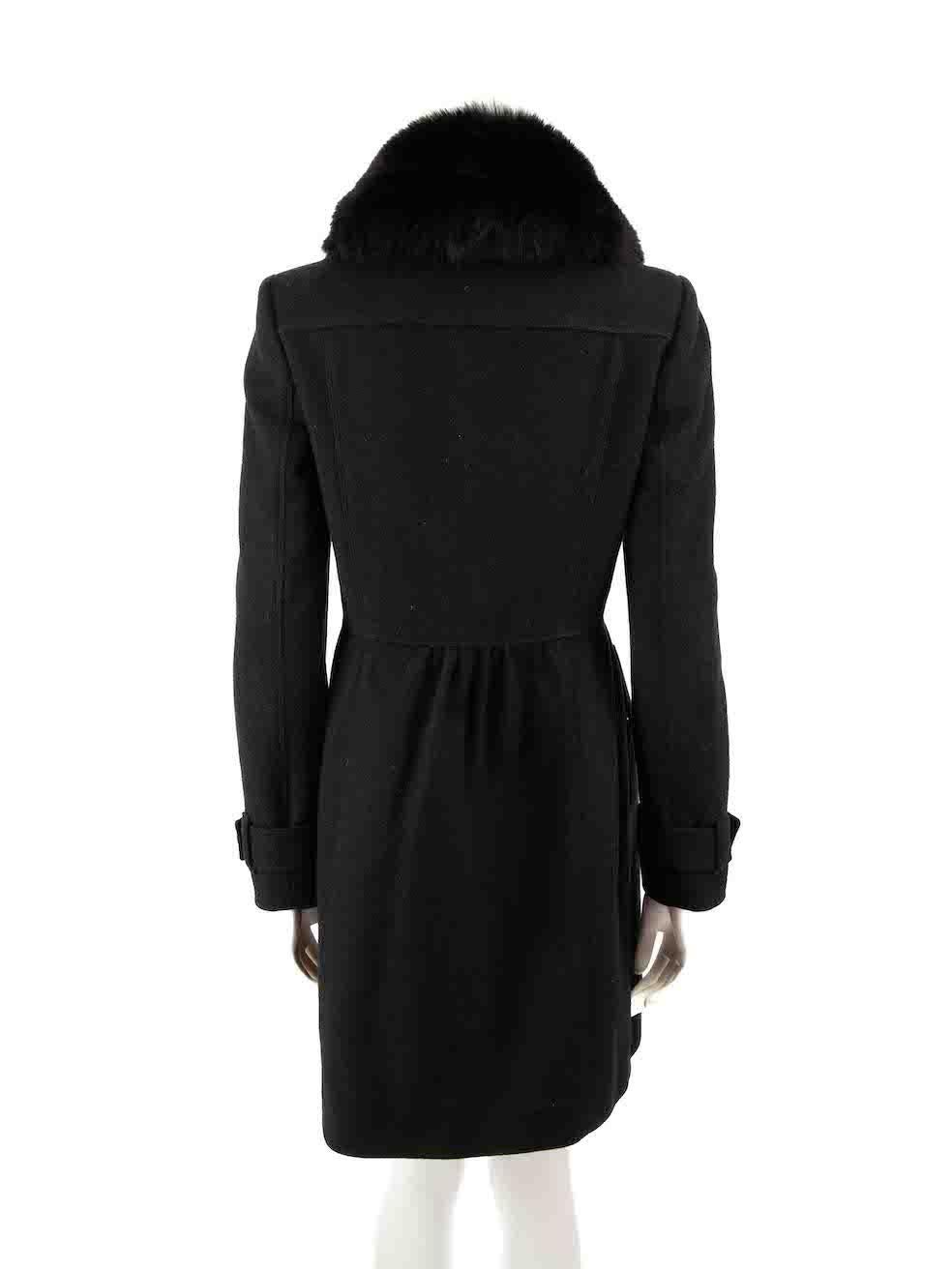 Burberry Black Wool Fur Trim Mid-Length Coat Size S In Good Condition For Sale In London, GB