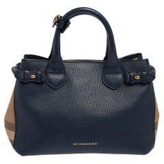 Burberry Blue/Beige Leder und House Check Canvas Small Banner Tote
