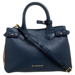 Burberry Blue/Beige Leather and House Check Fabric Small Banner Tote