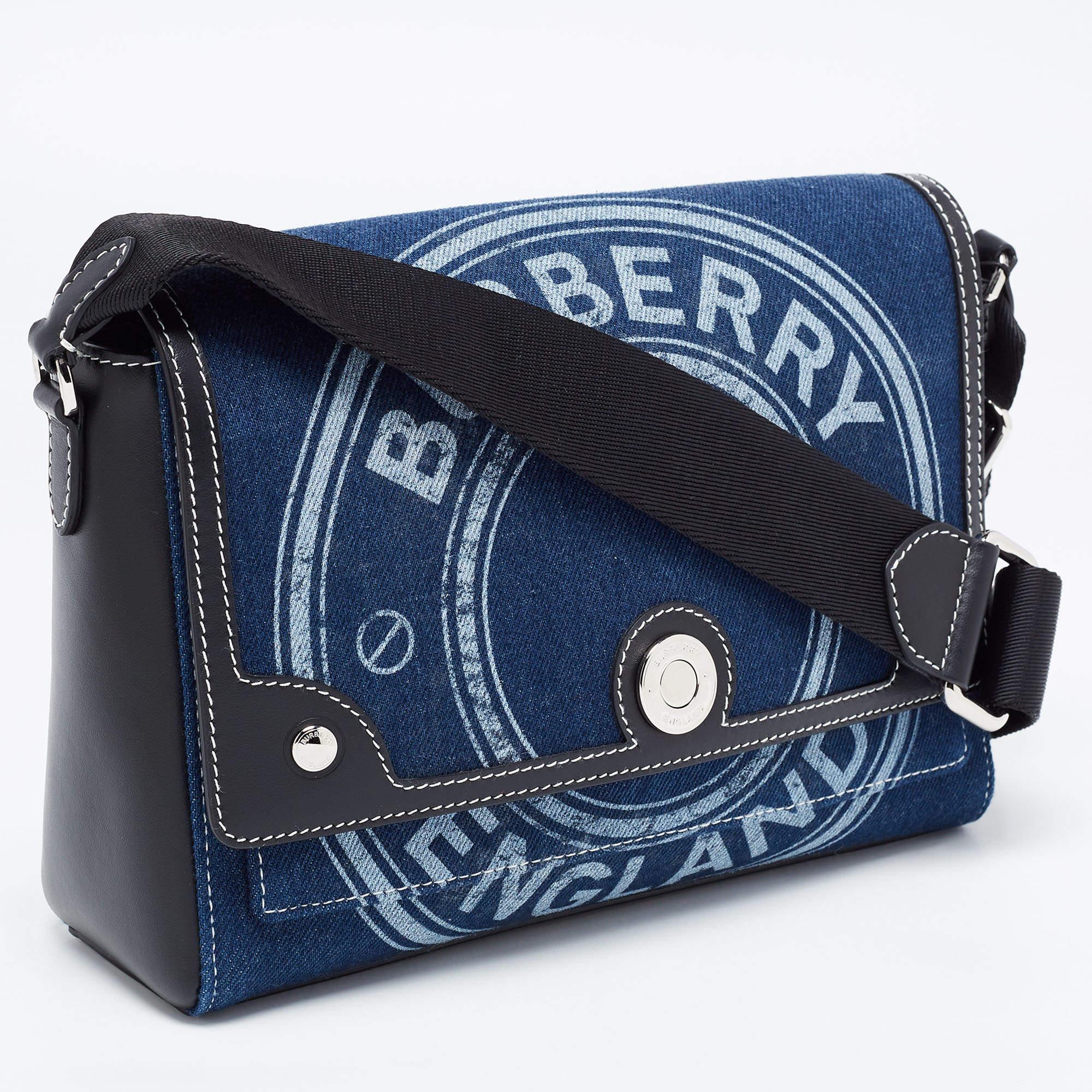 Burberry Blue/Black Denim And Leather Medium Note Logo Print Crossbody Bag 1