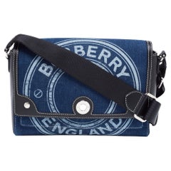 Burberry Blue/Black Denim And Leather Medium Note Logo Print Crossbody Bag