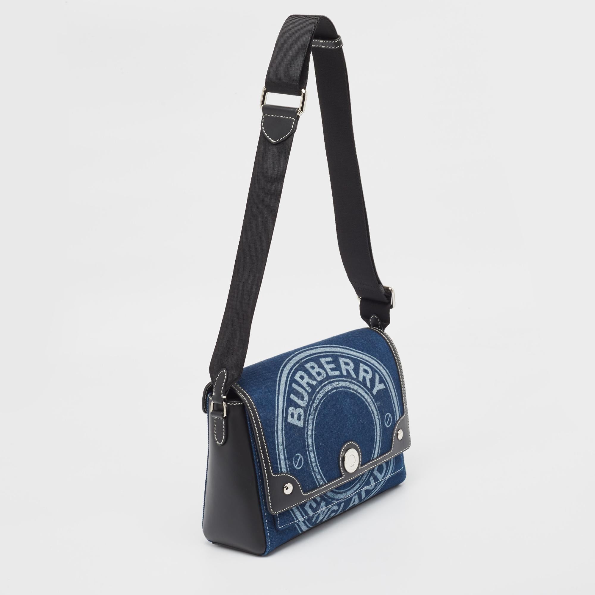 Burberry Blue/Black Denim and Leather Medium Note Shoulder Bag In Good Condition In Dubai, Al Qouz 2