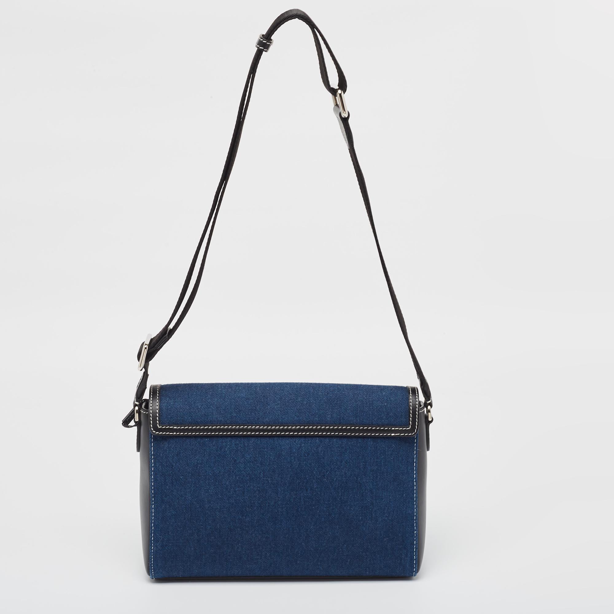 Women's Burberry Blue/Black Denim and Leather Medium Note Shoulder Bag