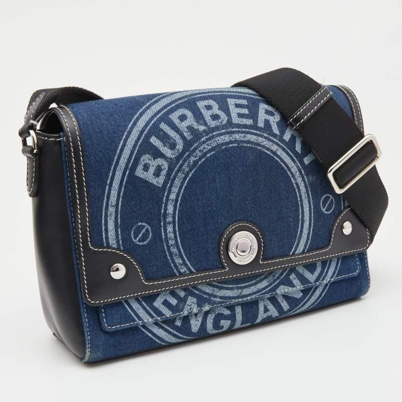 Women's Burberry Blue/Black Denim And Leather Note Logo Print Crossbody Bag