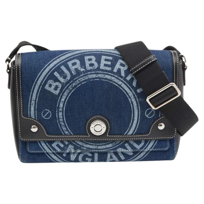 Burberry Blue/Black Denim And Leather Note Logo Print Crossbody Bag