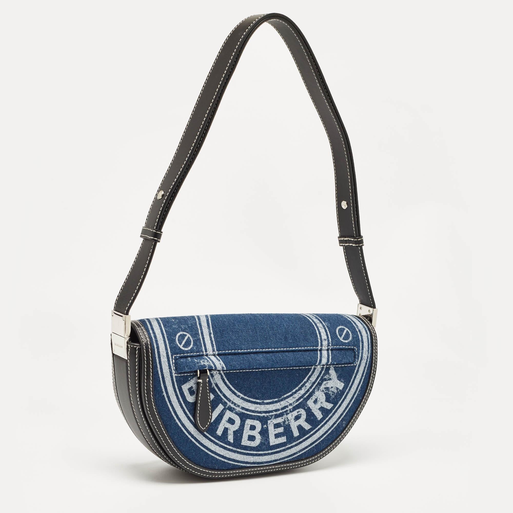 Women's Burberry Blue/Black Denim and Leather Small Olympia Shoulder Bag For Sale