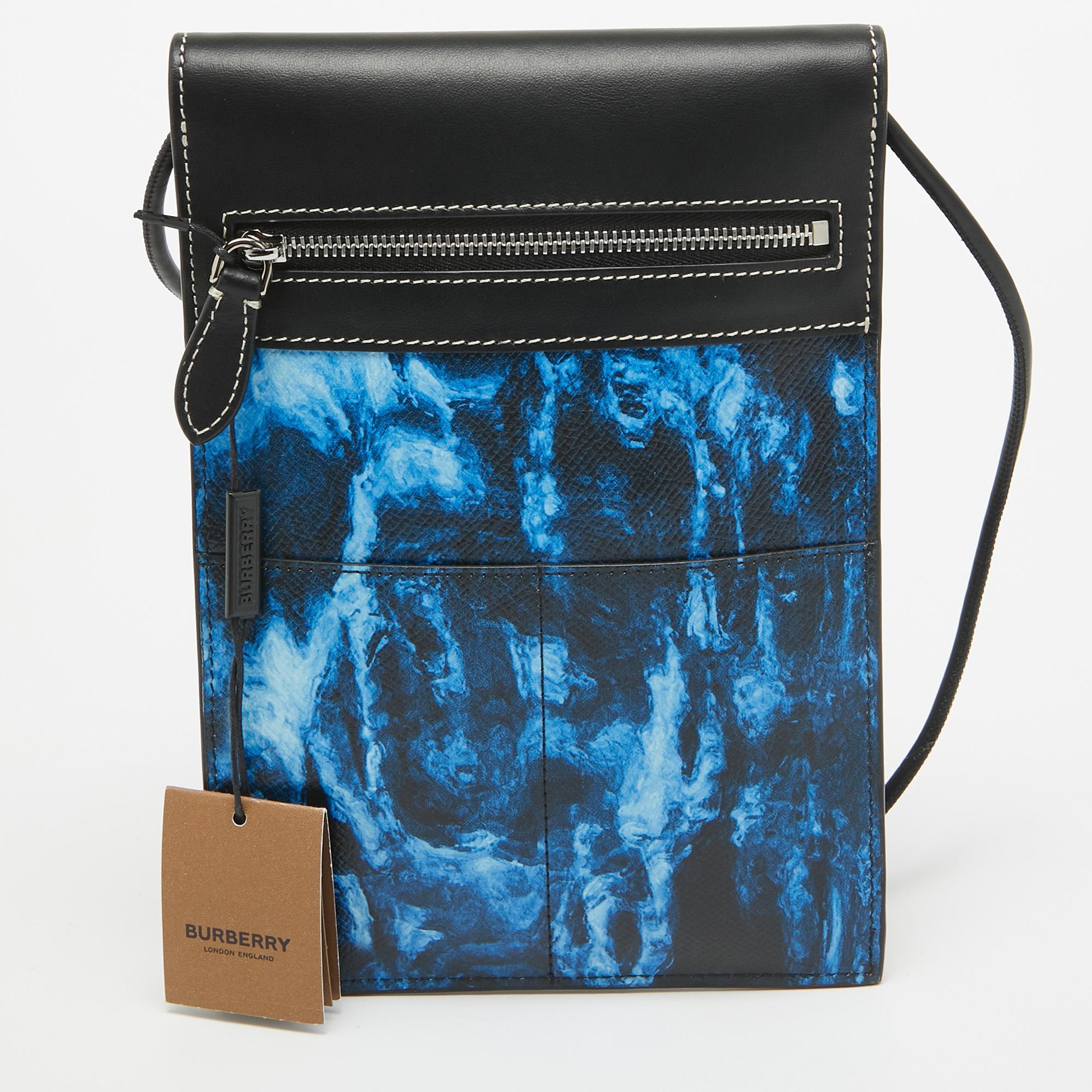 Women's Burberry Blue/Black Water Camo Print Leather Pocket Phone Pouch Crossbody Bag