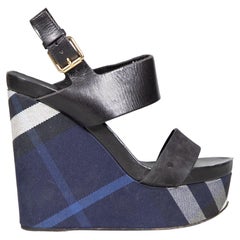 Burberry Blue Check Leather Wedge Sandals Size IT 37