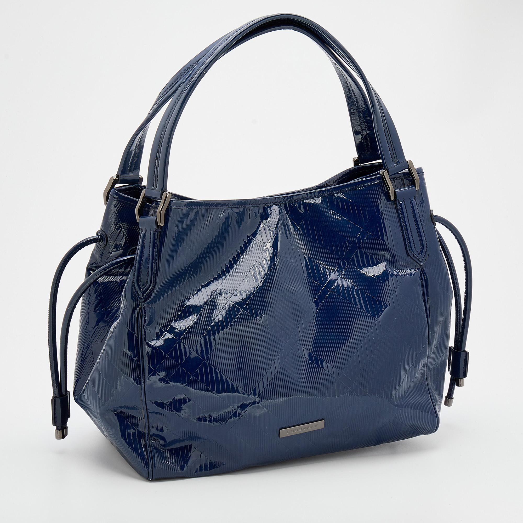 Women's Burberry Blue Check Patent Leather Tote