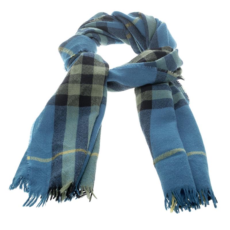 Gray Burberry Blue Checked Fringed Edge Scarf