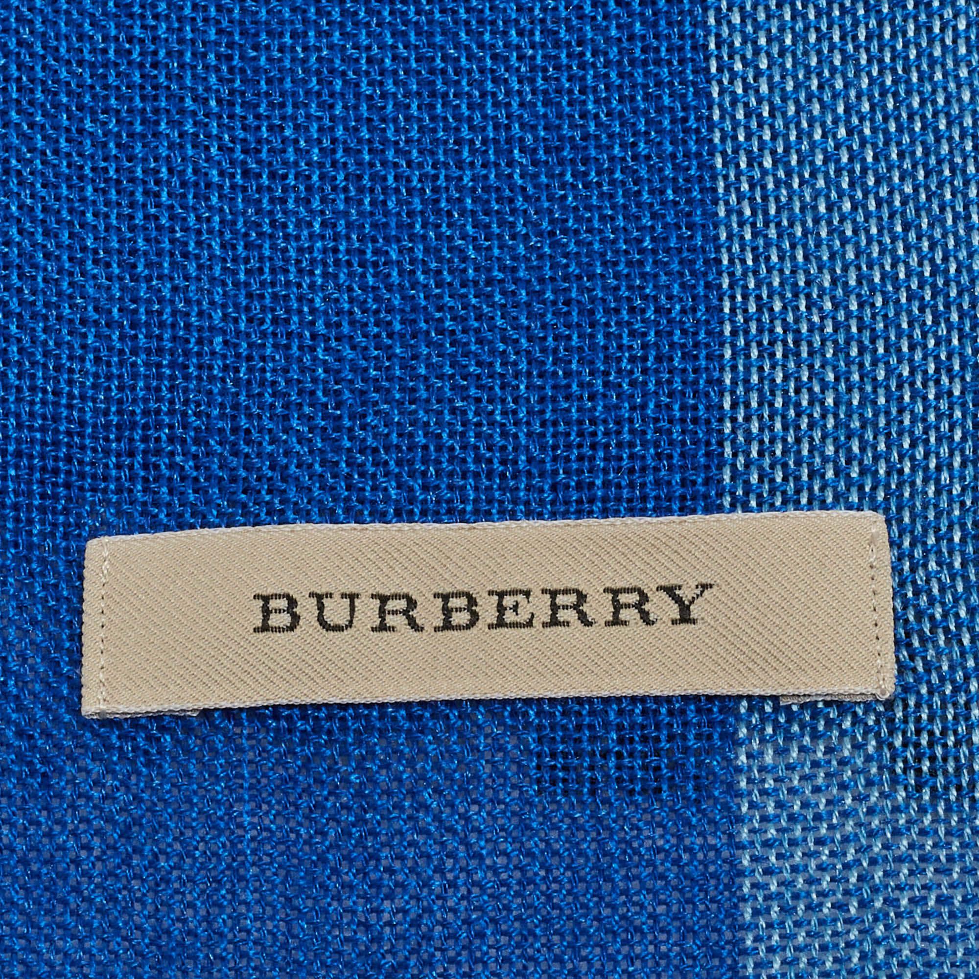 Women's Burberry Blue Checkered Silk & Cashmere Fringed Shawl