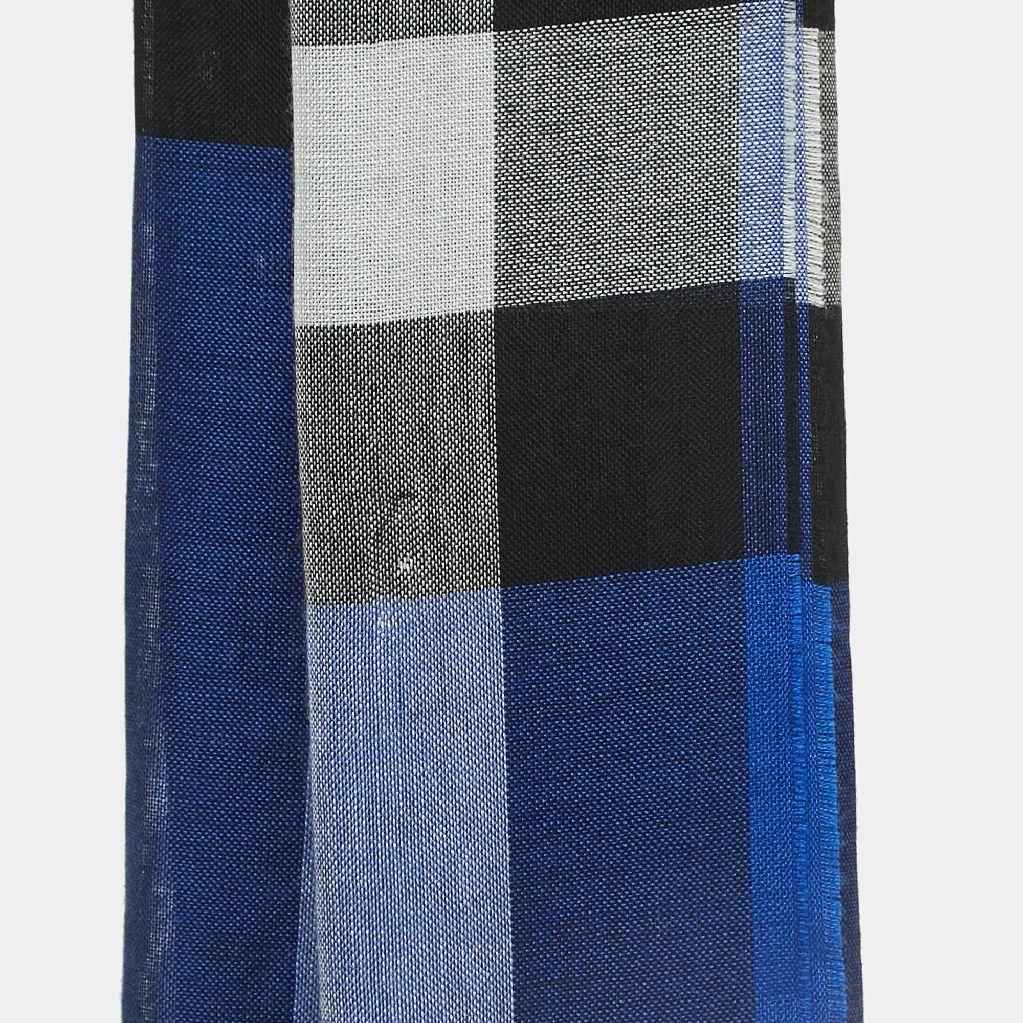 Burberry Blue Checkered Silk & Cashmere Fringed Shawl 2