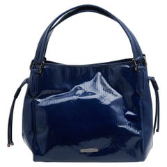Burberry Blue Embossed Check Patent Leather Tote