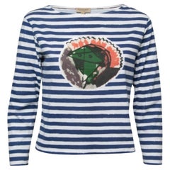 Burberry - Maglietta in cotone con scollo a barca con stampa a righe blu XS