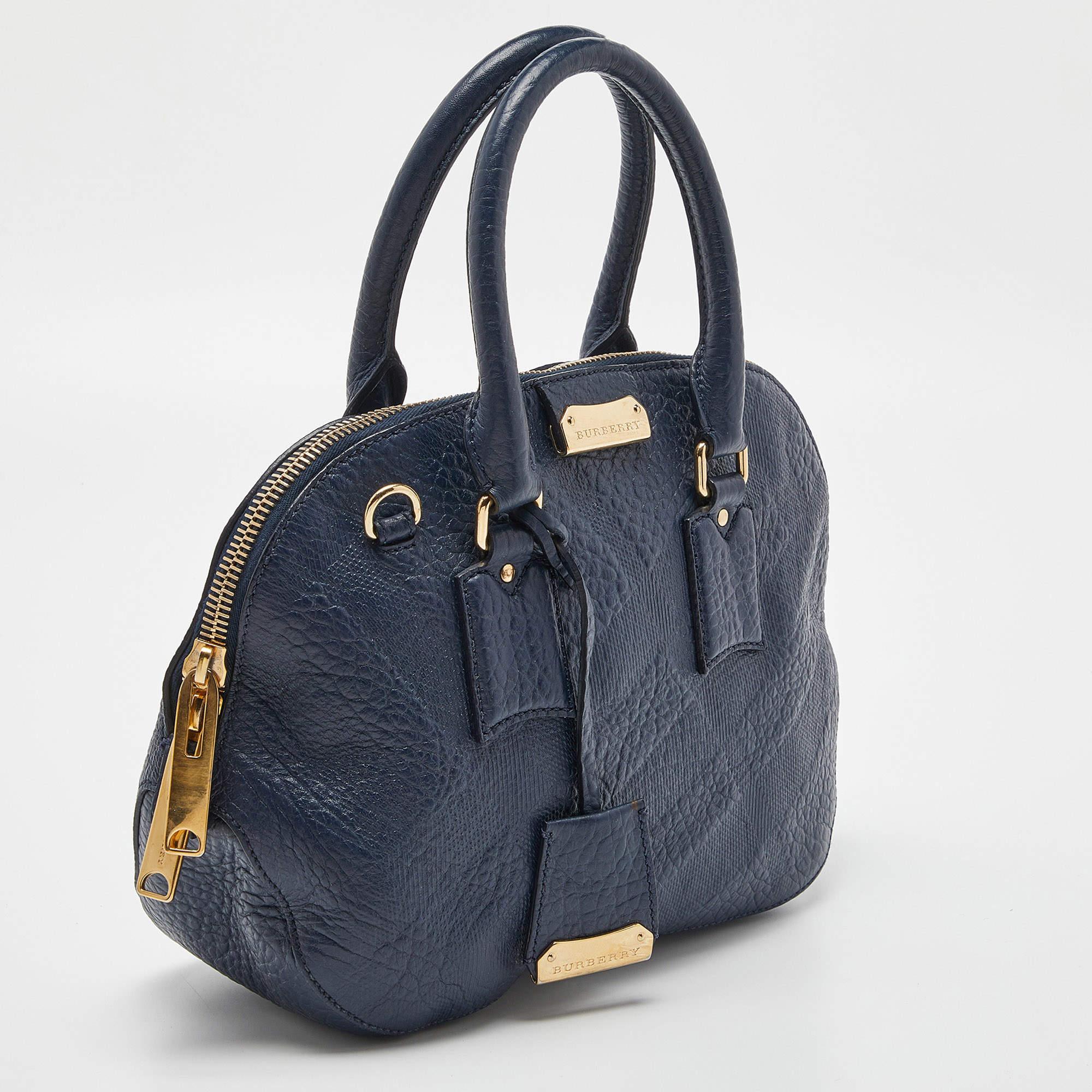 Burberry Blue Heritage Check Embossed Leather Small Orchard Bowler Bag In Good Condition For Sale In Dubai, Al Qouz 2