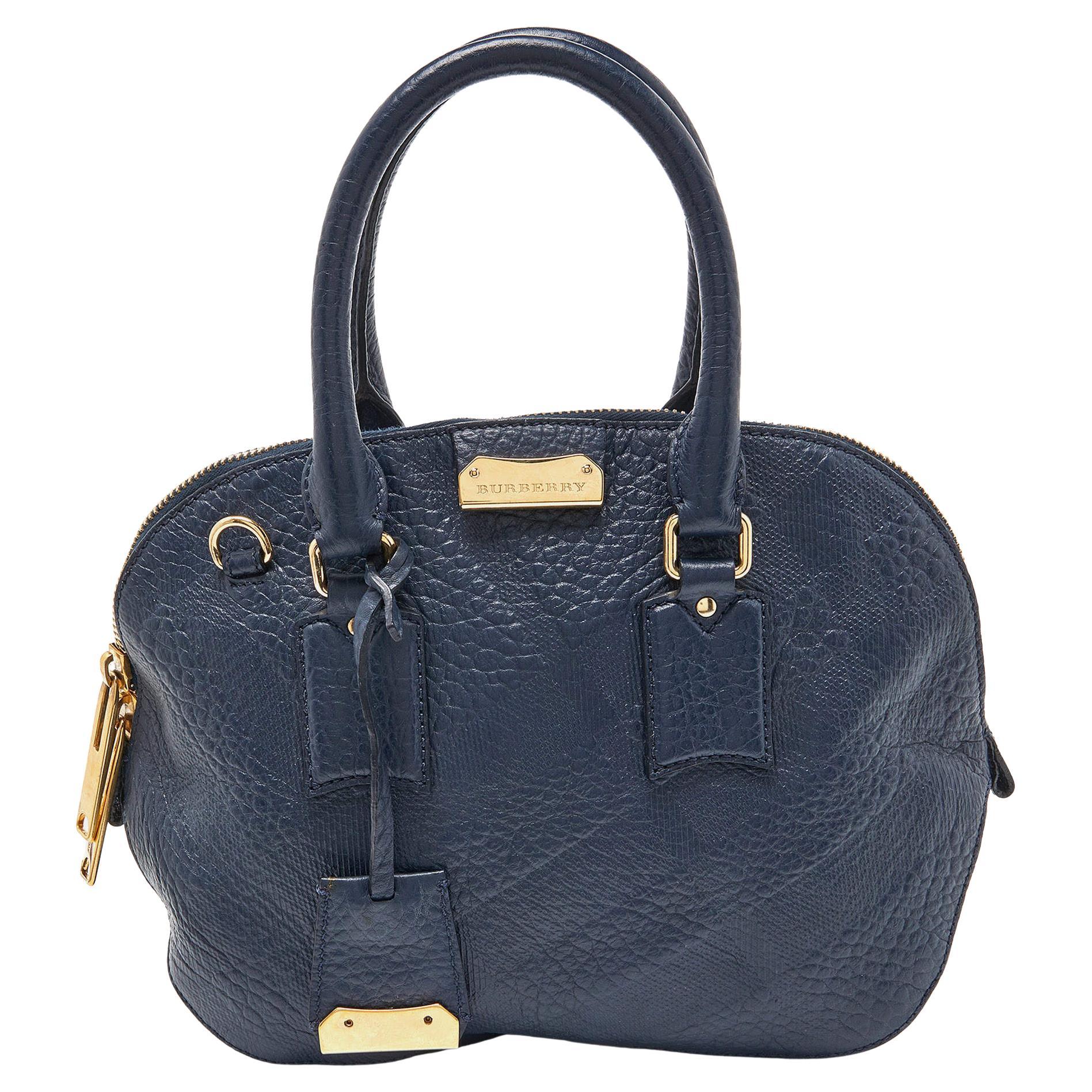 Burberry Blue Heritage Check Embossed Leather Small Orchard Bowler Bag For Sale