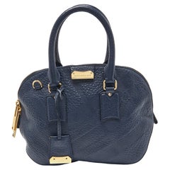 Burberry Blue Heritage Check Embossed Leather Small Orchard Bowler Bag