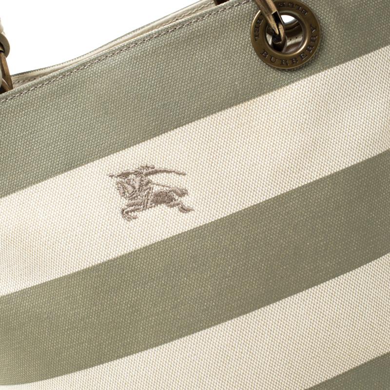 Burberry Blue Label Beige/Green Striped Canvas Tote 1