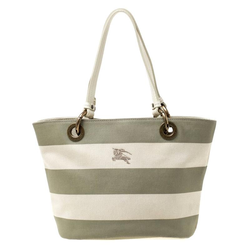 Burberry Blue Label Beige/Green Striped Canvas Tote