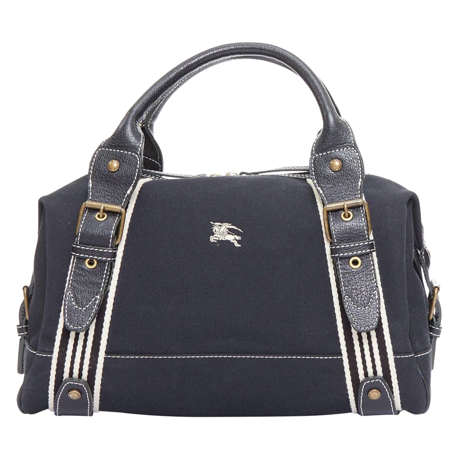 BURBERRY Blue Label black logo striped canvas satchel top handle bag