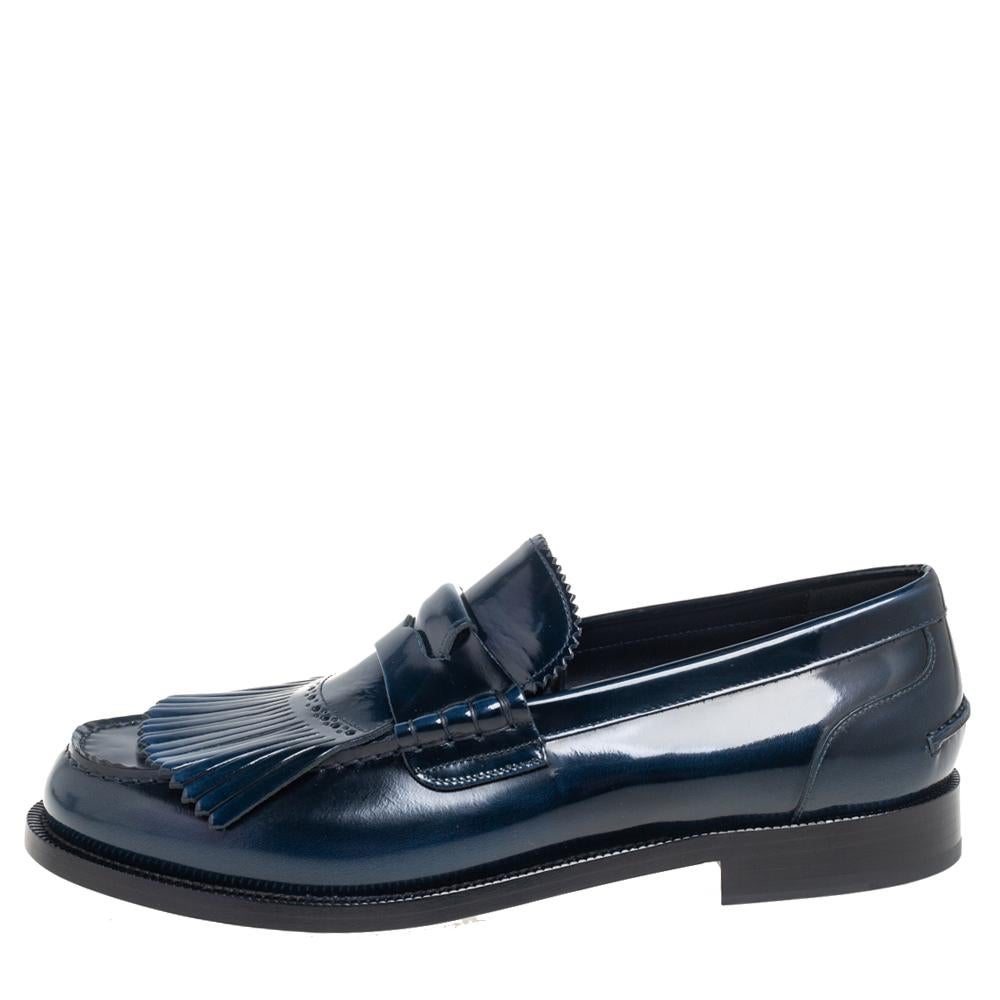 Burberry Blue Leather Bedmoore Fringe Detail Penny Loafers Size 44 In New Condition In Dubai, Al Qouz 2