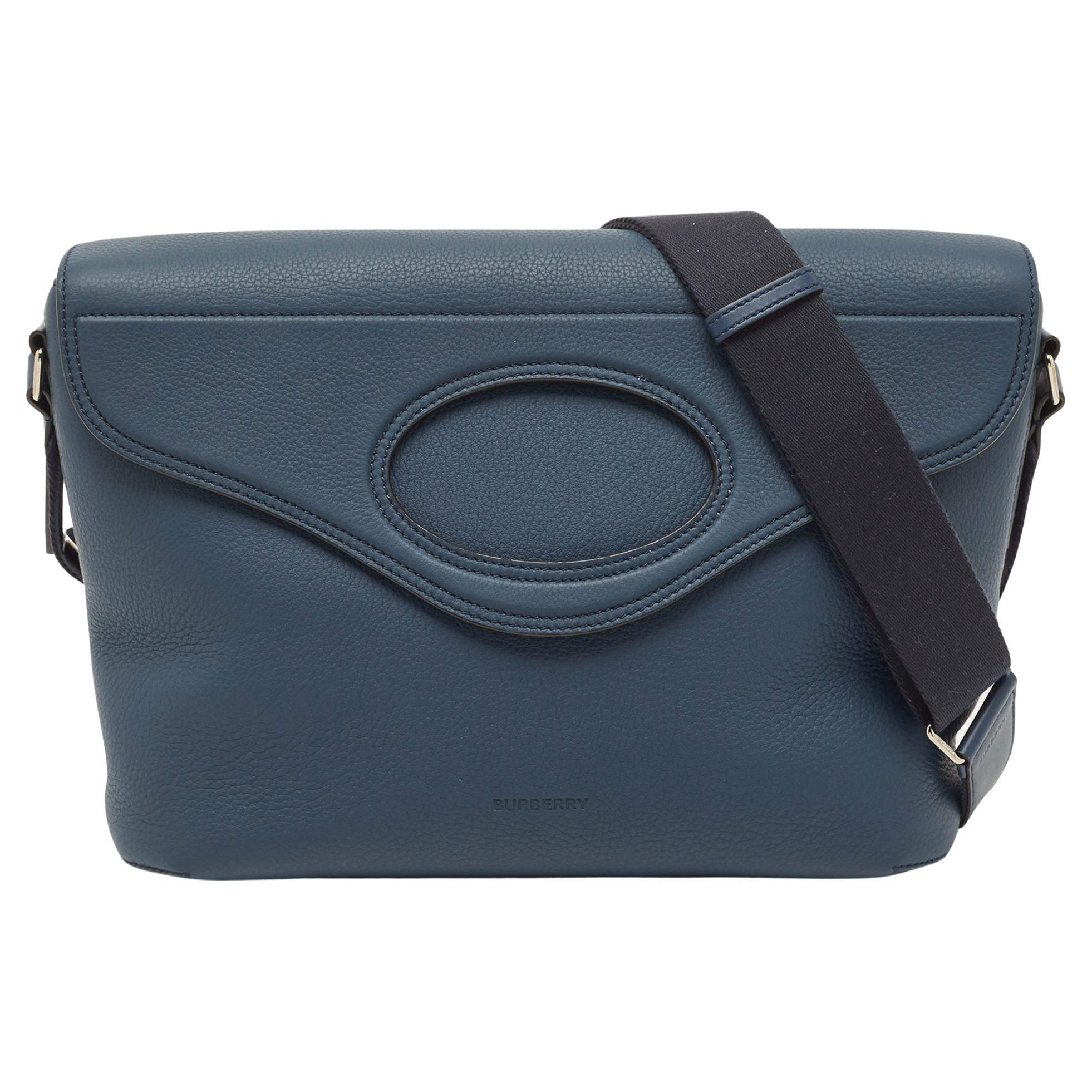 Burberry Blue Leather Large Pocket Messenger Bag