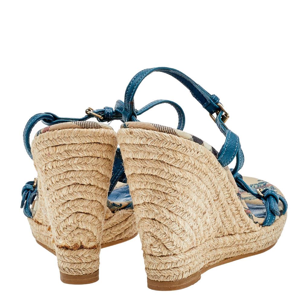 Burberry Blue Leather Strappy Espadrille Platform Wedge Sandals Size 37 ...