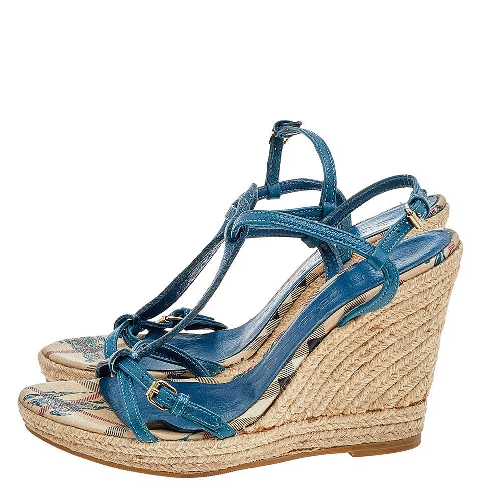 Burberry Blue Leather Strappy Espadrille Platform Wedge Sandals Size 37 For Sale 3