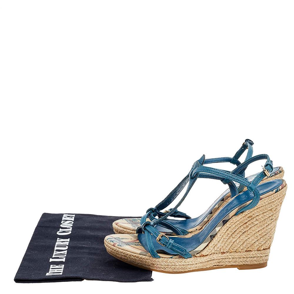 Burberry Blue Leather Strappy Espadrille Platform Wedge Sandals Size 37 For Sale 4