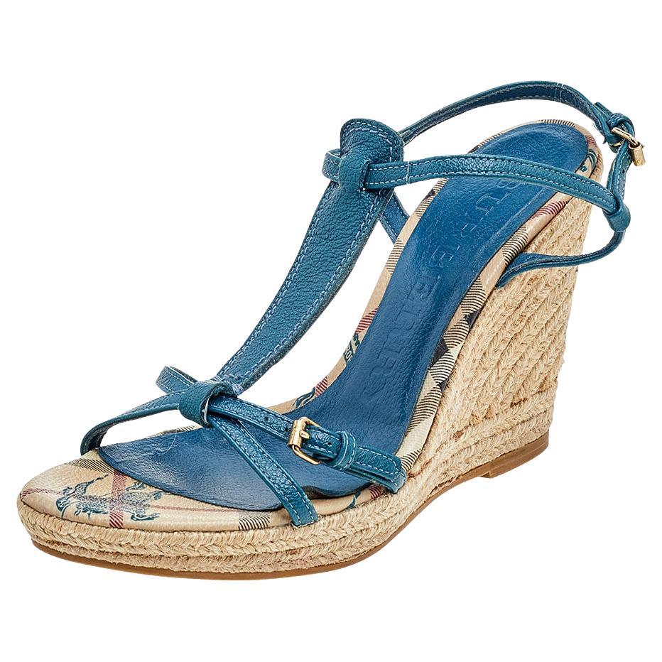 Burberry Blue Leather Strappy Espadrille Platform Wedge Sandals Size 37 For Sale