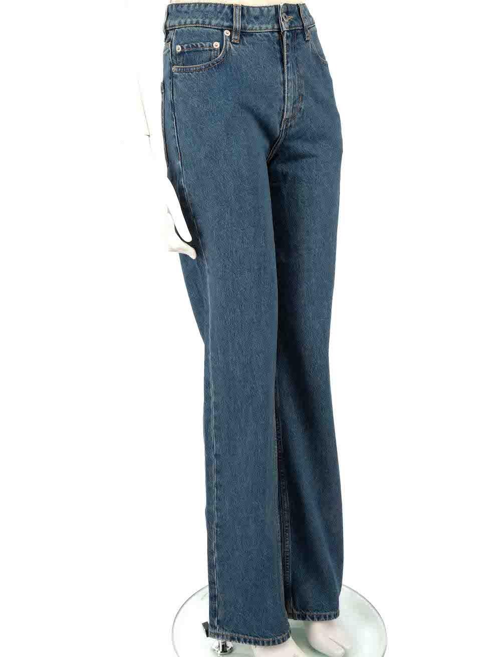 CONDITION is New with tags. No visible wear to jeans is evident on this brand new Burberry designer item.
  
  
  
  Details
  
  
  Model: 8066945 A3322
  
  Blue
  
  Denim
  
  Straight leg jeans
  
  High rise
  
  Leather logo patch on rear