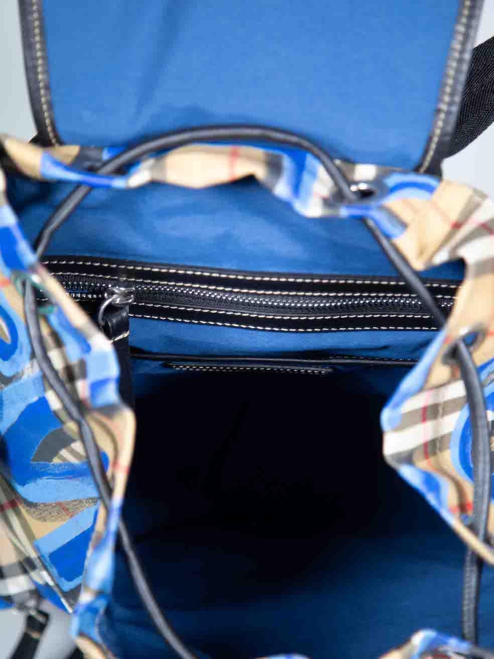 Burberry Blue Medium Logo Graffiti Nova Check Backpack For Sale 1
