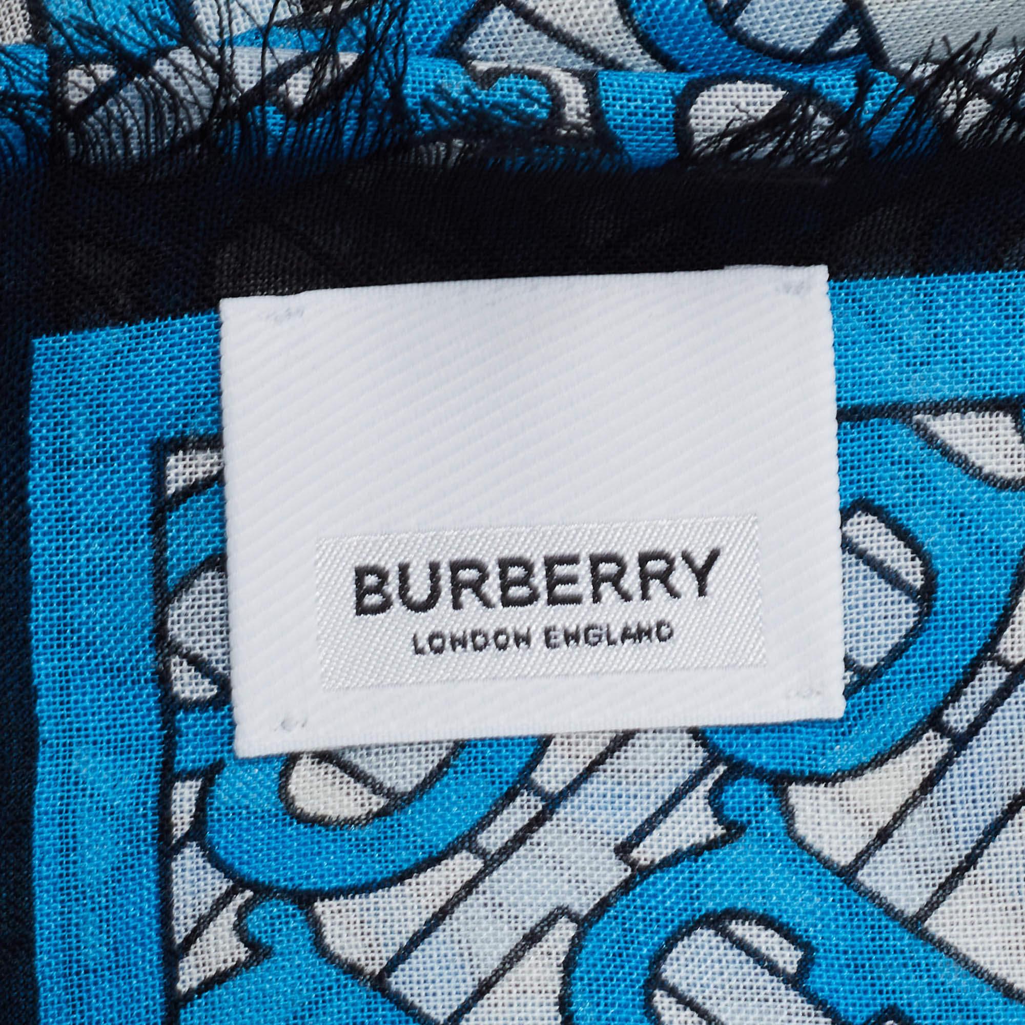 Burberry Blue Monogram Printed Silk & Wool Scarf 1