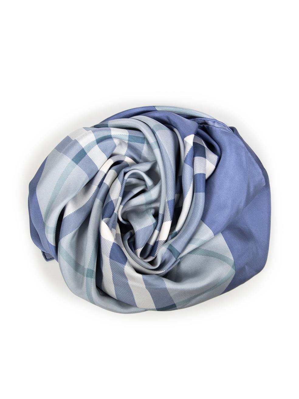 CONDITION is Good. Minor wear to the scarf is evident. Missing composition label. Light discolouration across the scarf and one pull to the weave on this used Burberry designer resale item.
  
  
  
  Details
  
  
  Blue
  
  Silk
  
  Square