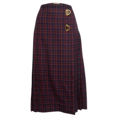 Burberry Blue & Pink Arroux Checked Pleated Wrap Midi Skirt L
