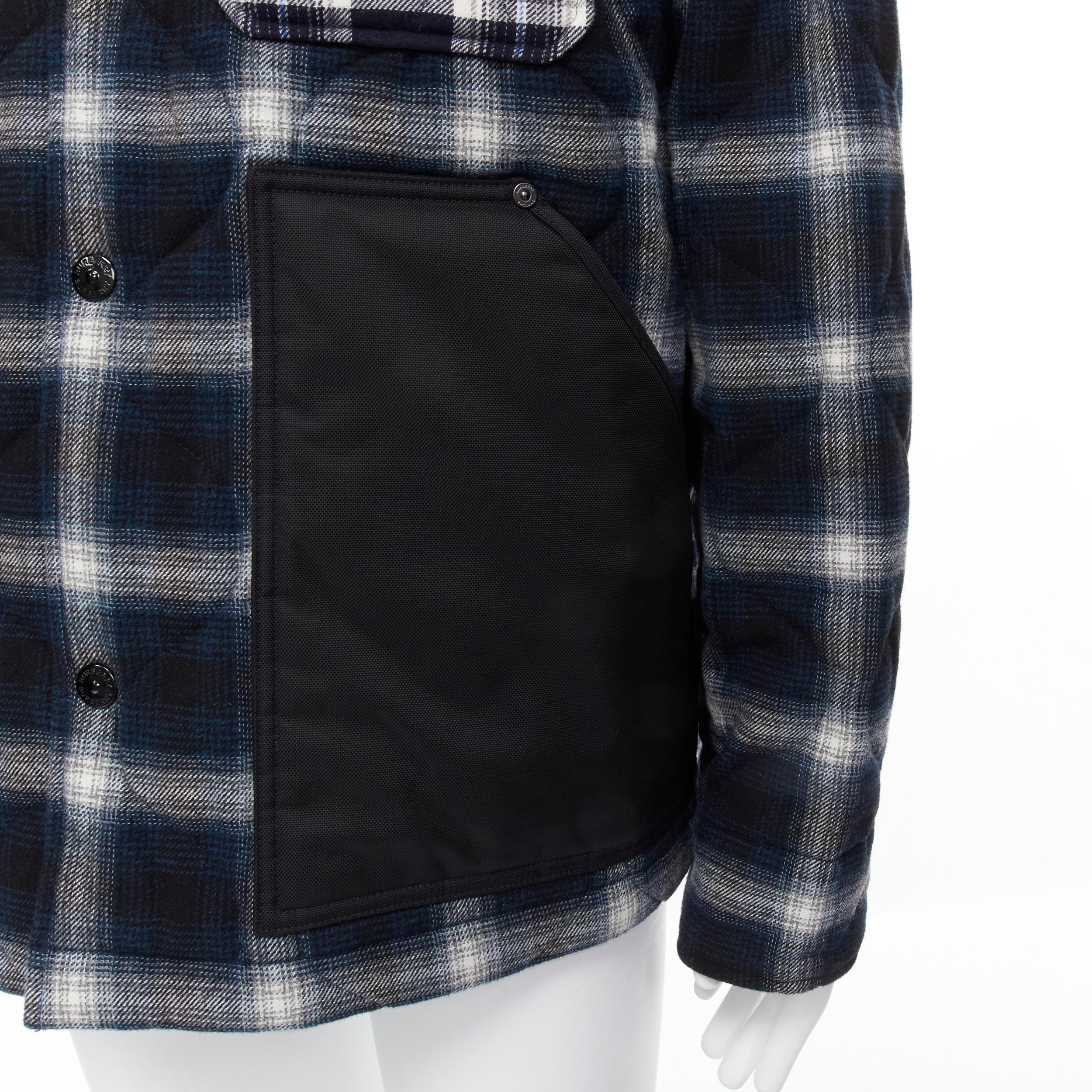 BURBERRY blue plaid stitched technical nylon pocket padded overshirt  L In Excellent Condition In Hong Kong, NT