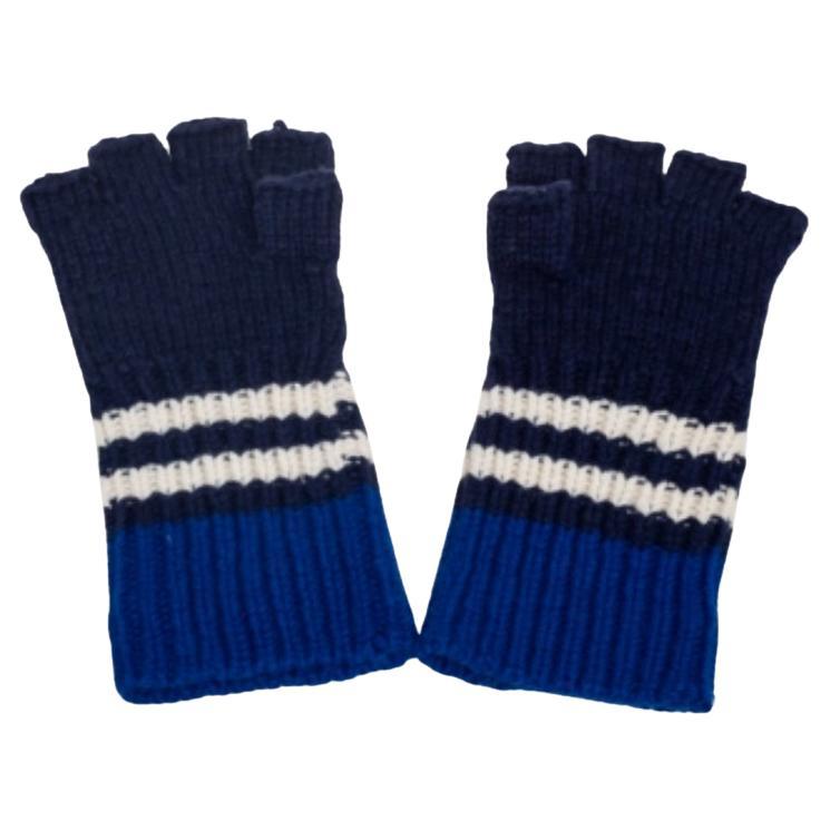 Burberry Blue Striped Cable Knit Cashmere Fingerless Gloves