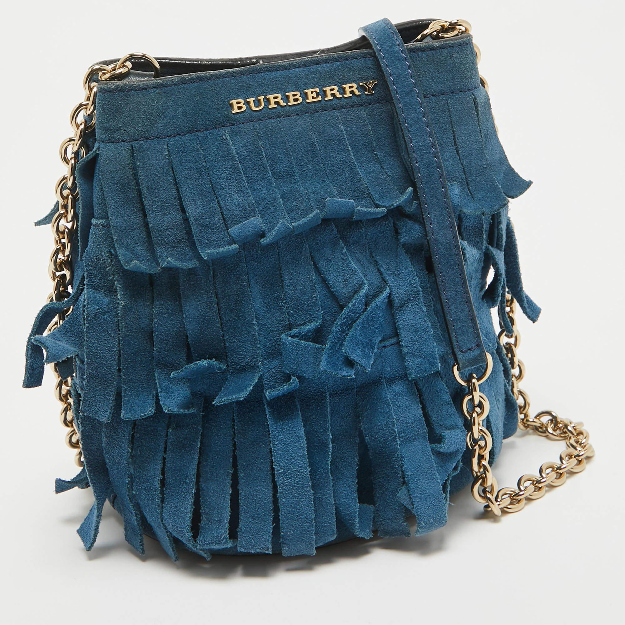 Burberry Blue Suede Mini Fringe Bucket Bag In Good Condition In Dubai, Al Qouz 2
