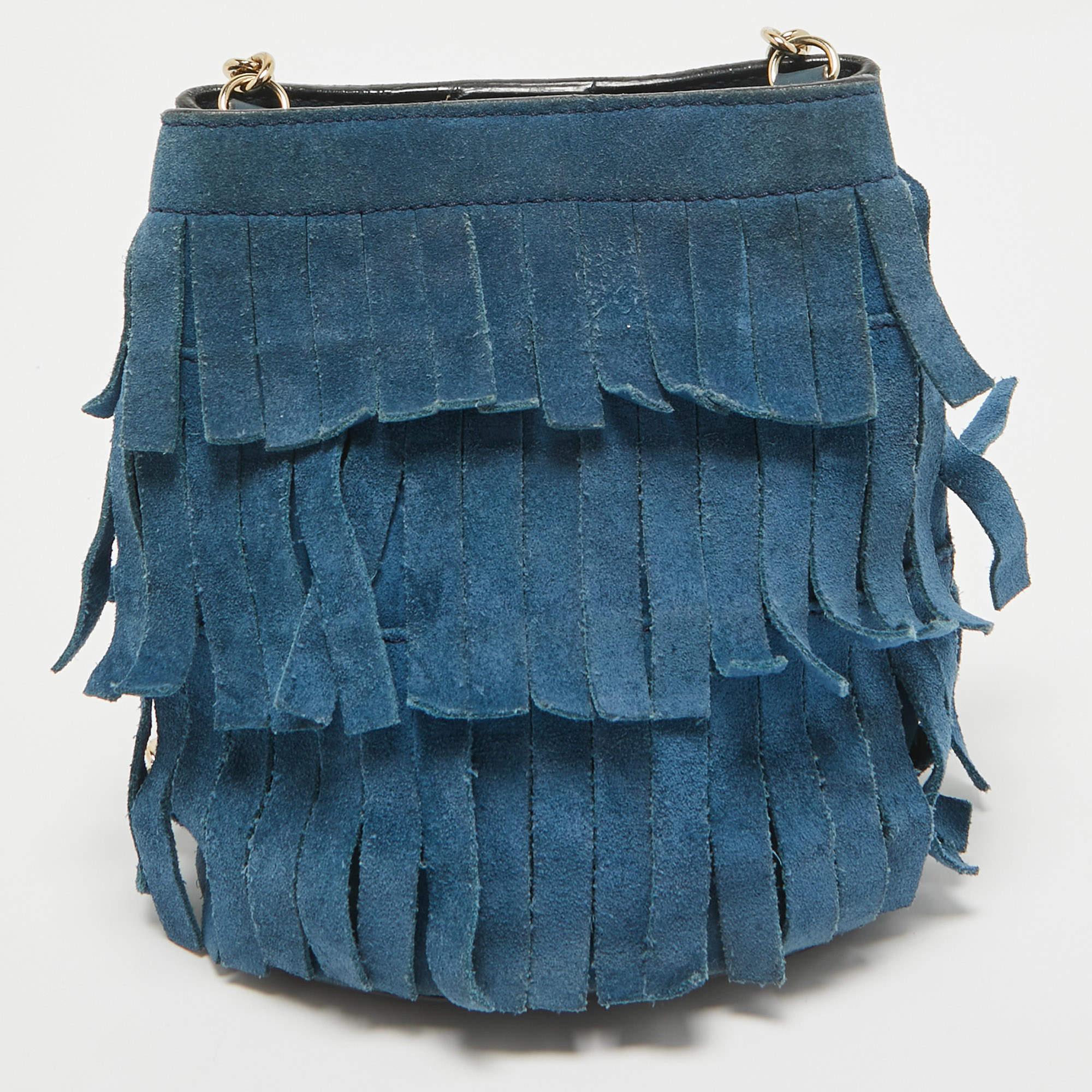 Women's Burberry Blue Suede Mini Fringe Bucket Bag
