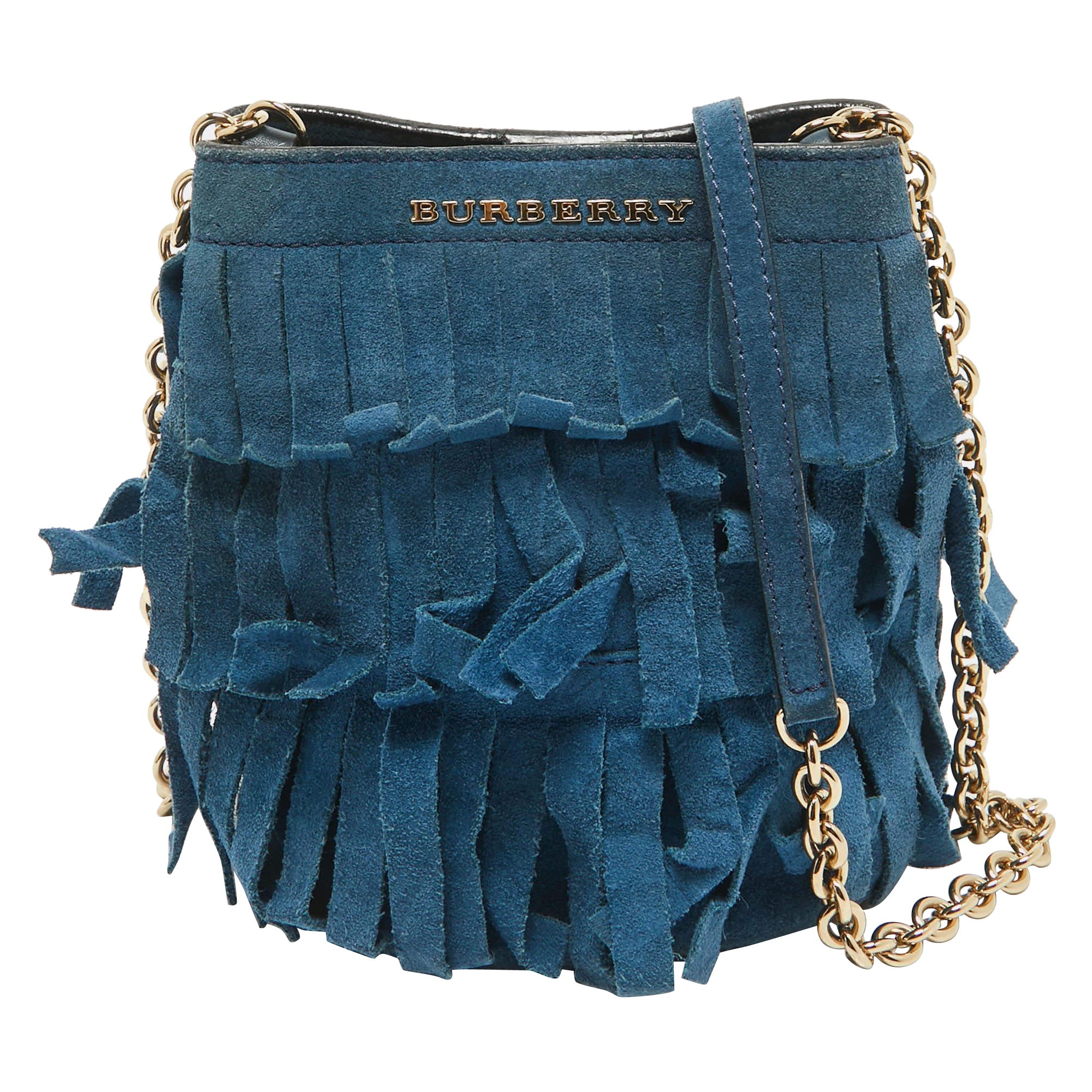 Burberry Blue Suede Mini Fringe Bucket Bag