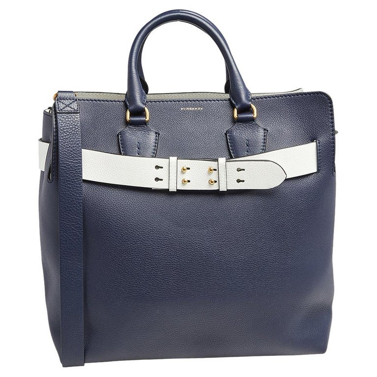 Burberry Blue/White Grained Leather Large Belt Tote at 1stDibs