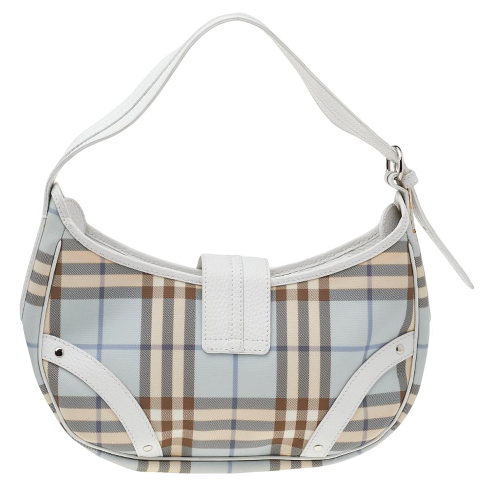 Gray Burberry Blue-White Nova Check Coated Canvas And Leather Hobo