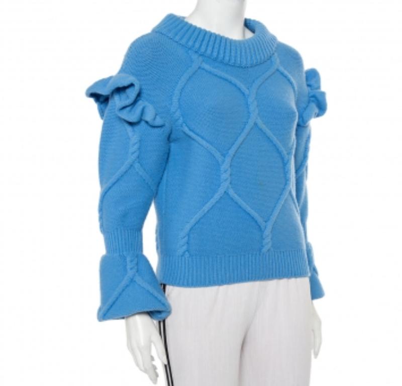Burberry Blue Wool & Cashmere Ruffle Detail Sweater XS In Fair Condition For Sale In Dubai, Al Qouz 2