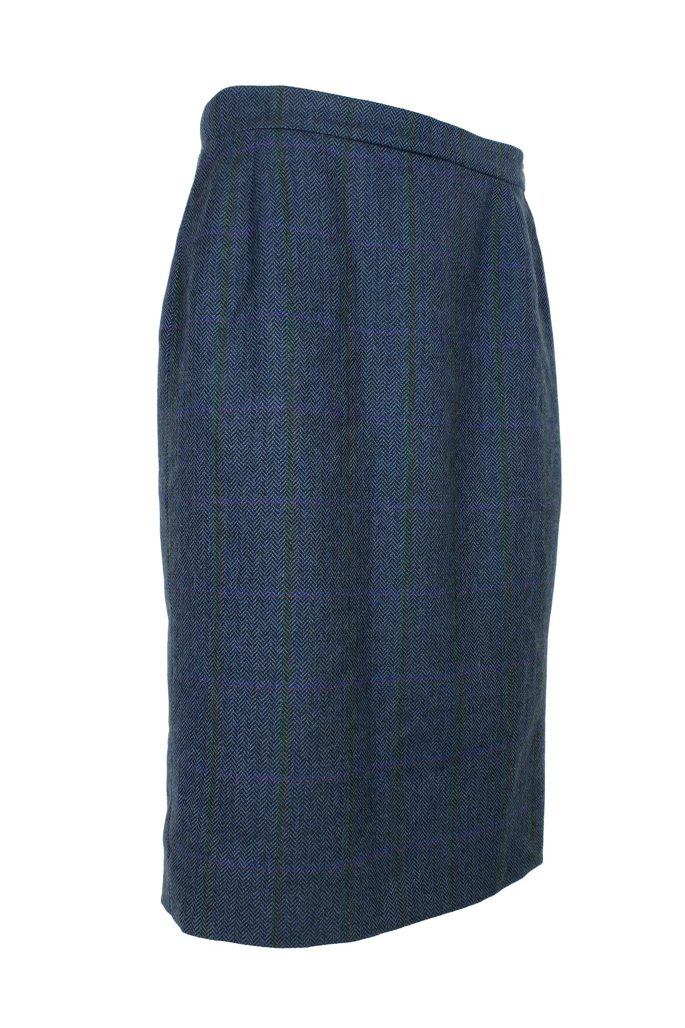 Burberry Blue Wool Herringbone Pencil Skirt 1980 Excellent état - En vente à Brindisi, Bt