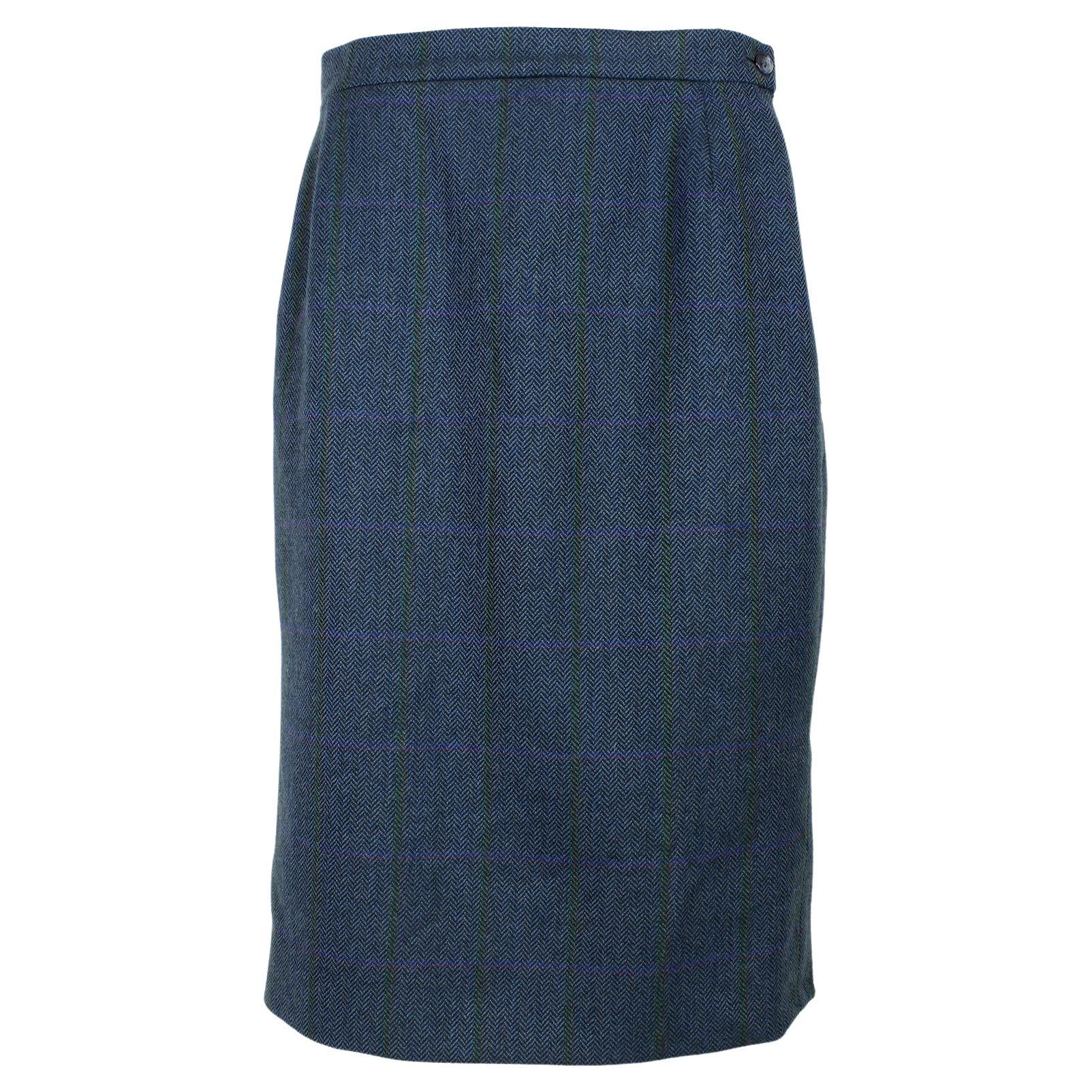 Burberry Blue Wool Herringbone Pencil Skirt 1980s For Sale